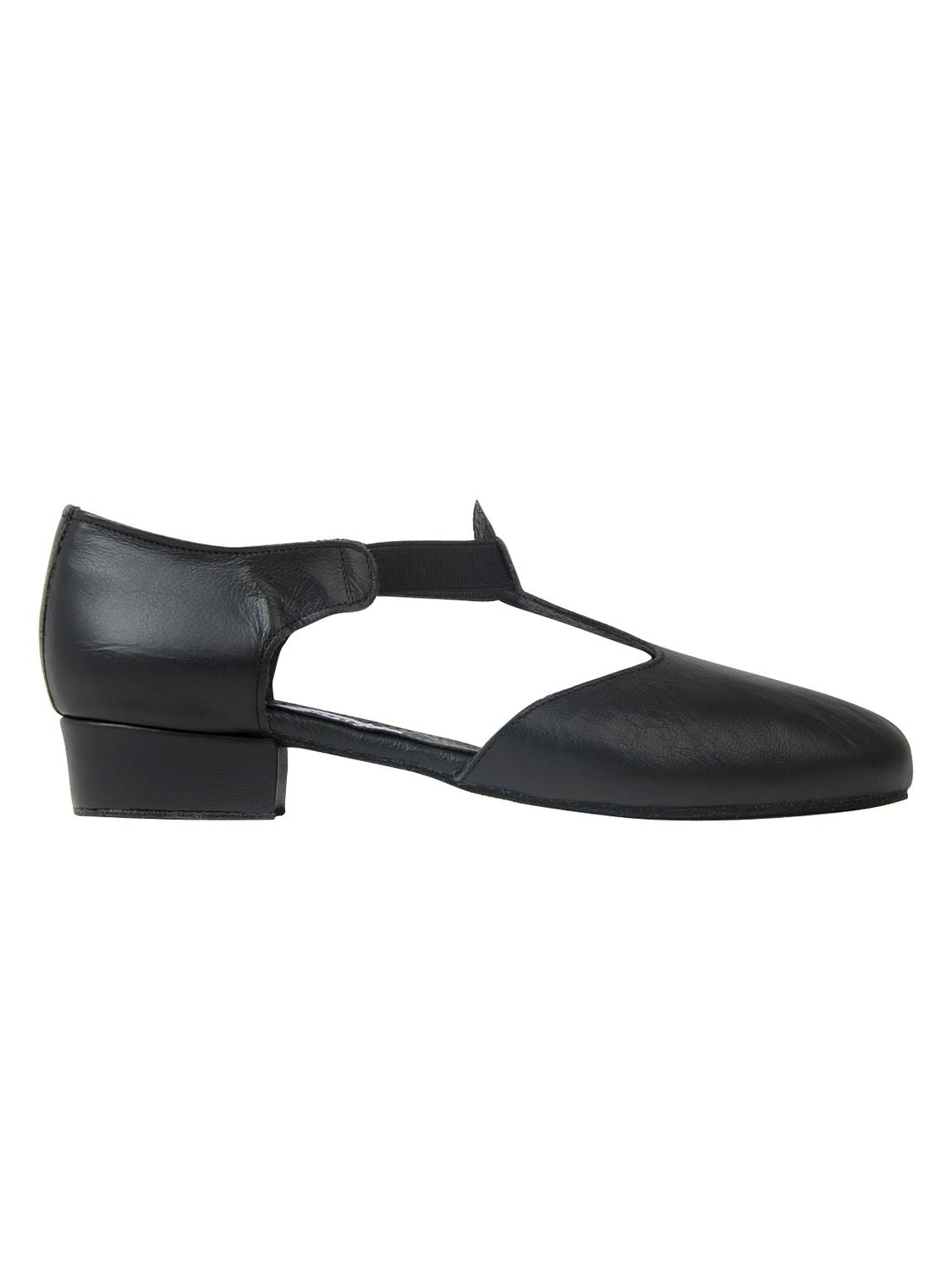 Rumpf 1312 Griechische Sandale: Schwarzer Tanzschuh, niedriger Absatz, Knöchelriemen, geschlossene Spitze, Chromledersohle.